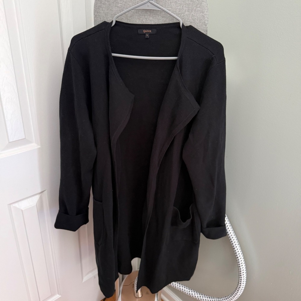 Quince Organic Cotton Knit Collarless Coat Black Large Quiet Luxury Minimalist